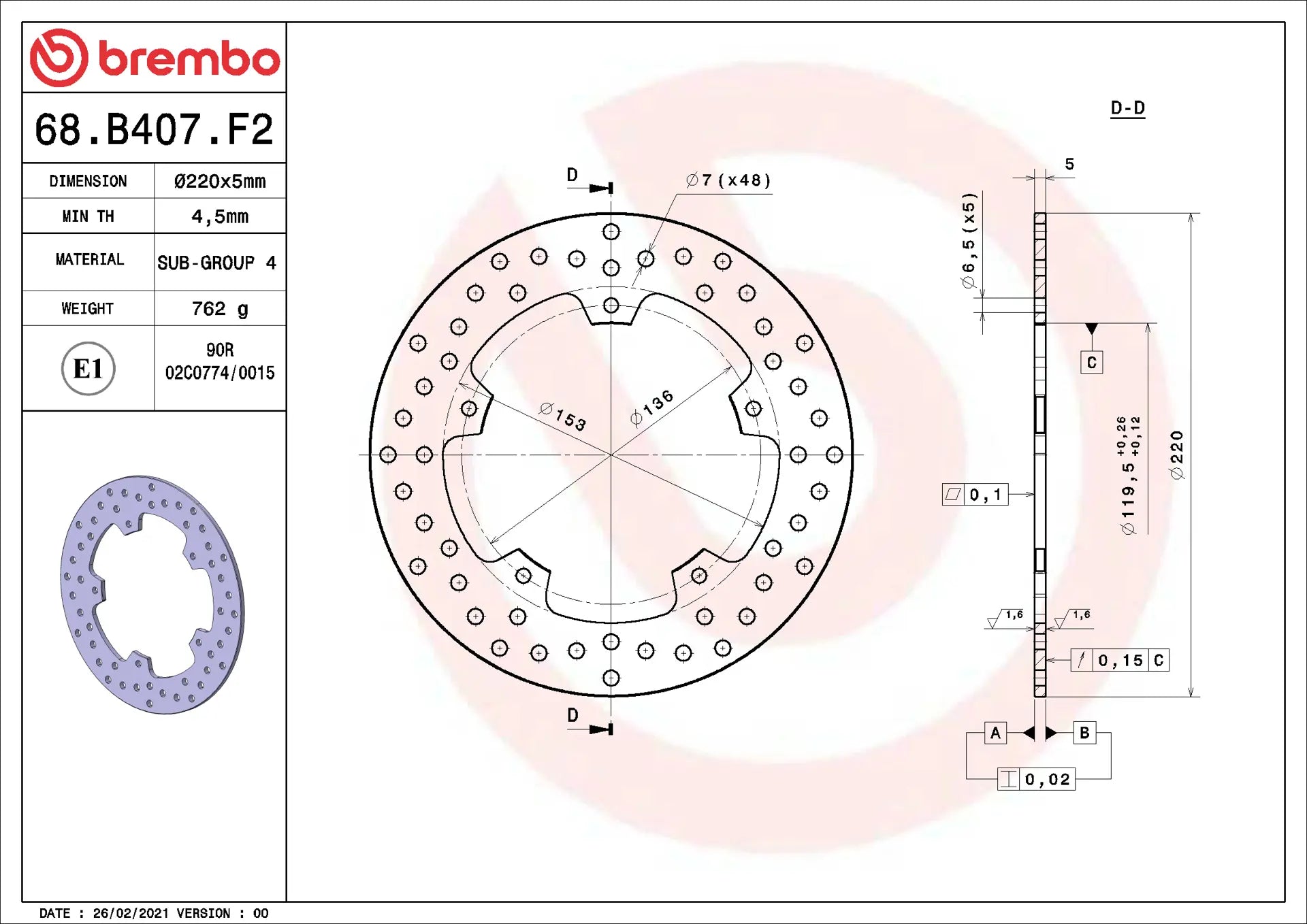 Disque de frein arrière Brembo Série Or Ø220 mm Fixe Réf 68B407F2