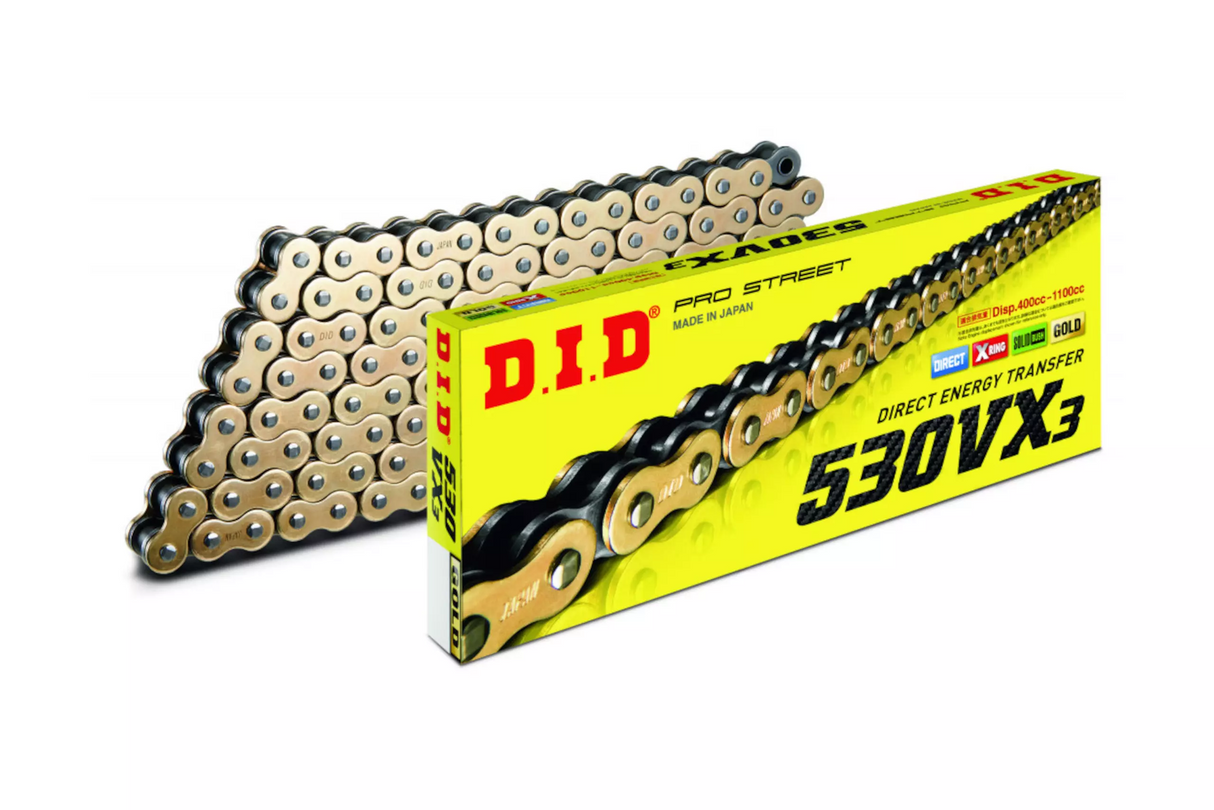 Chaîne DID 530VX3 116 Maillons X-Ring Or Noir Rivet 4525516397230
