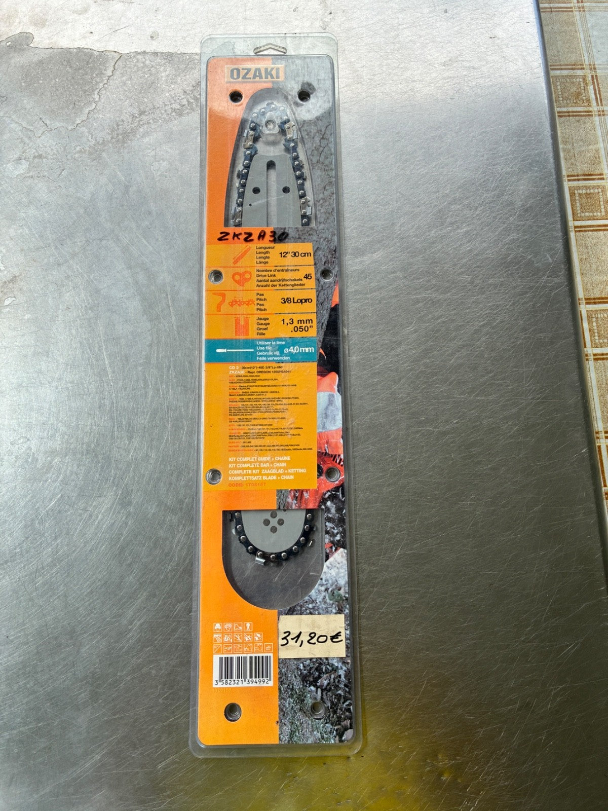 Guide + chaîne OZAKI 30 cm 3/8" LP 1.3 mm – 45 maillons montage ZA