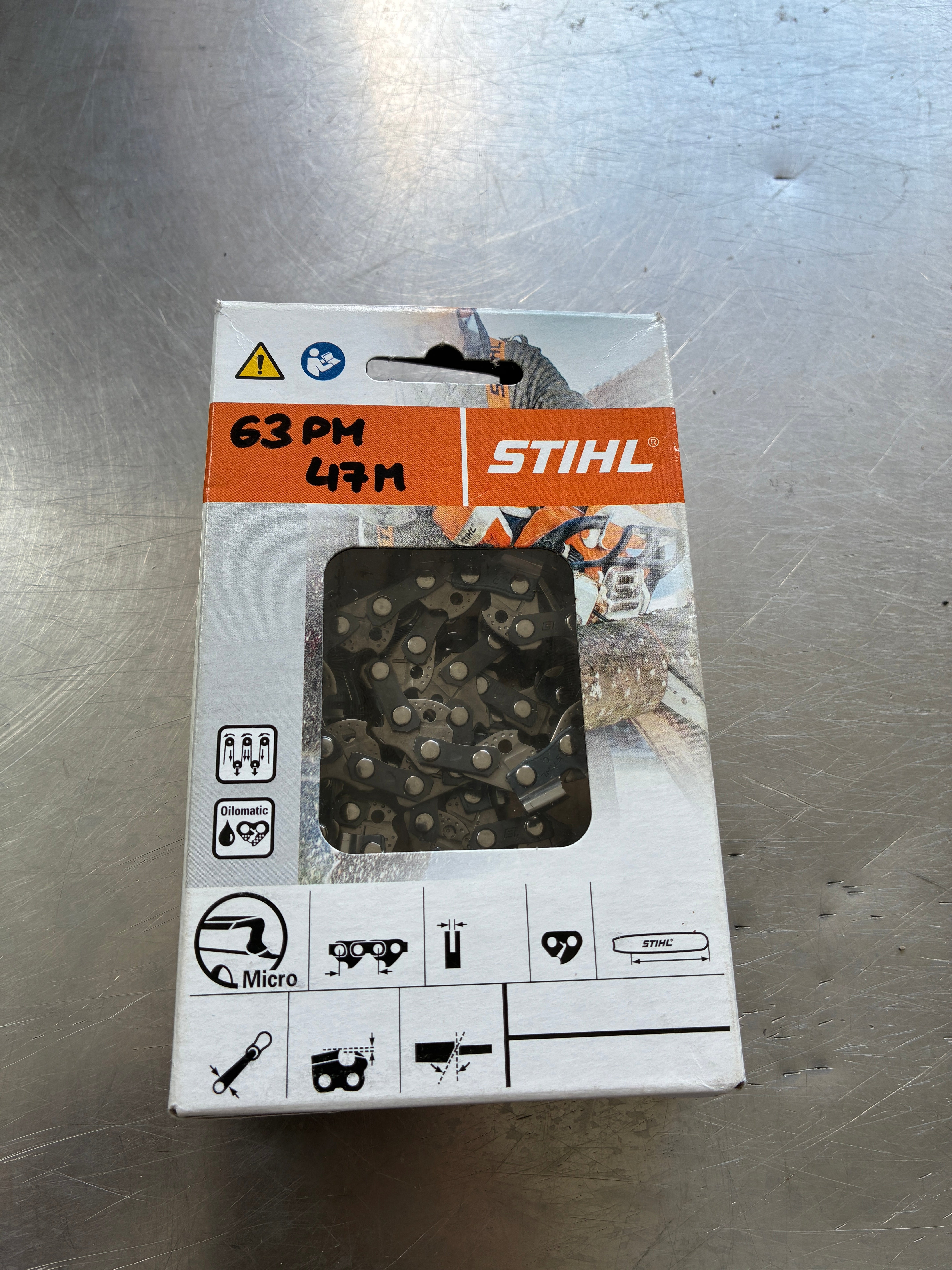 Chaîne tronçonneuse STIHL 63PM – Pas .325" – Jauge 1,3 mm – 47 maillons – Neuve