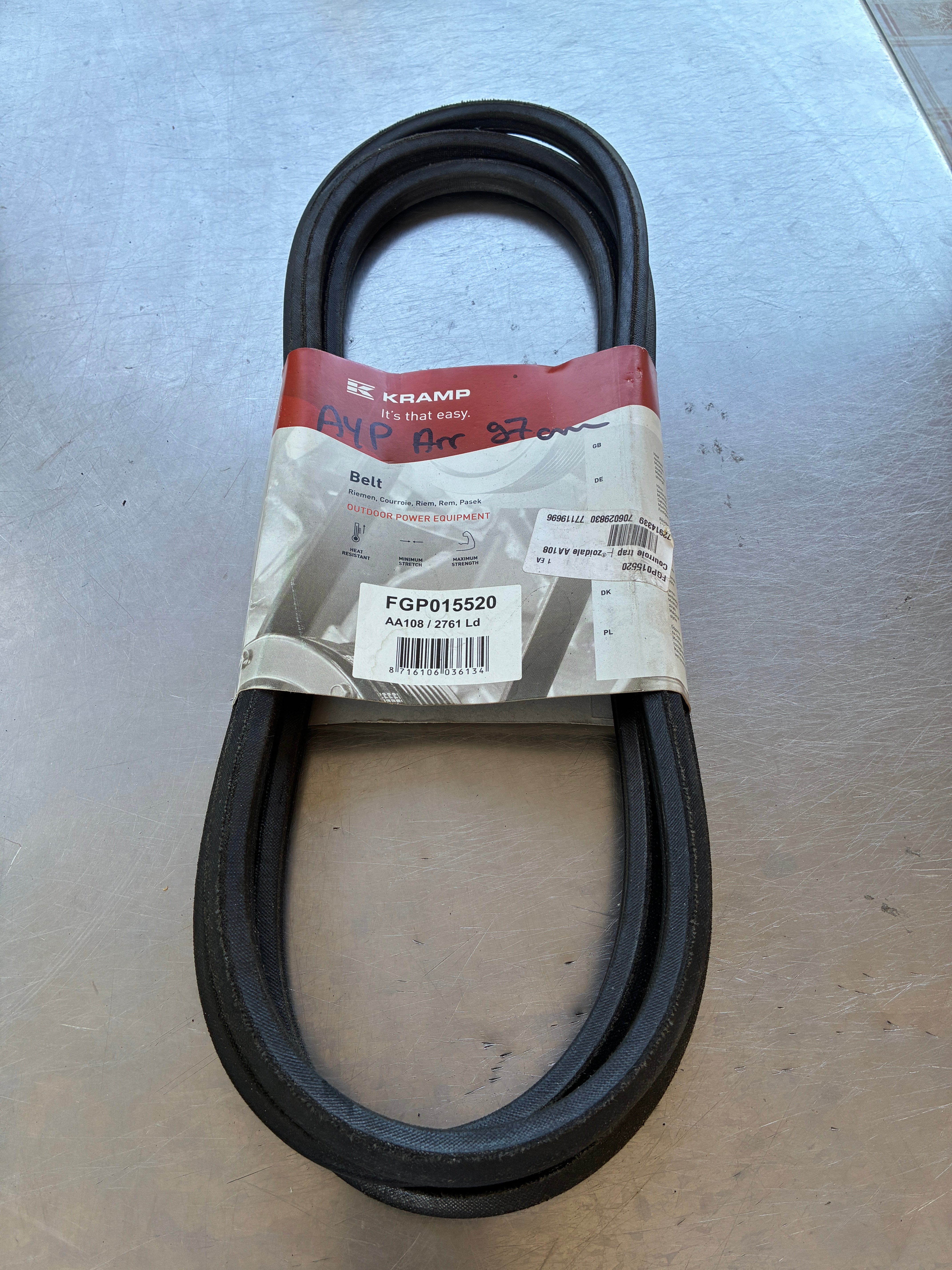 Courroie trapézoïdale AA108 – Réf. FGP015520 – Kramp – Profil AA/HAA – Longueur 2833 mm