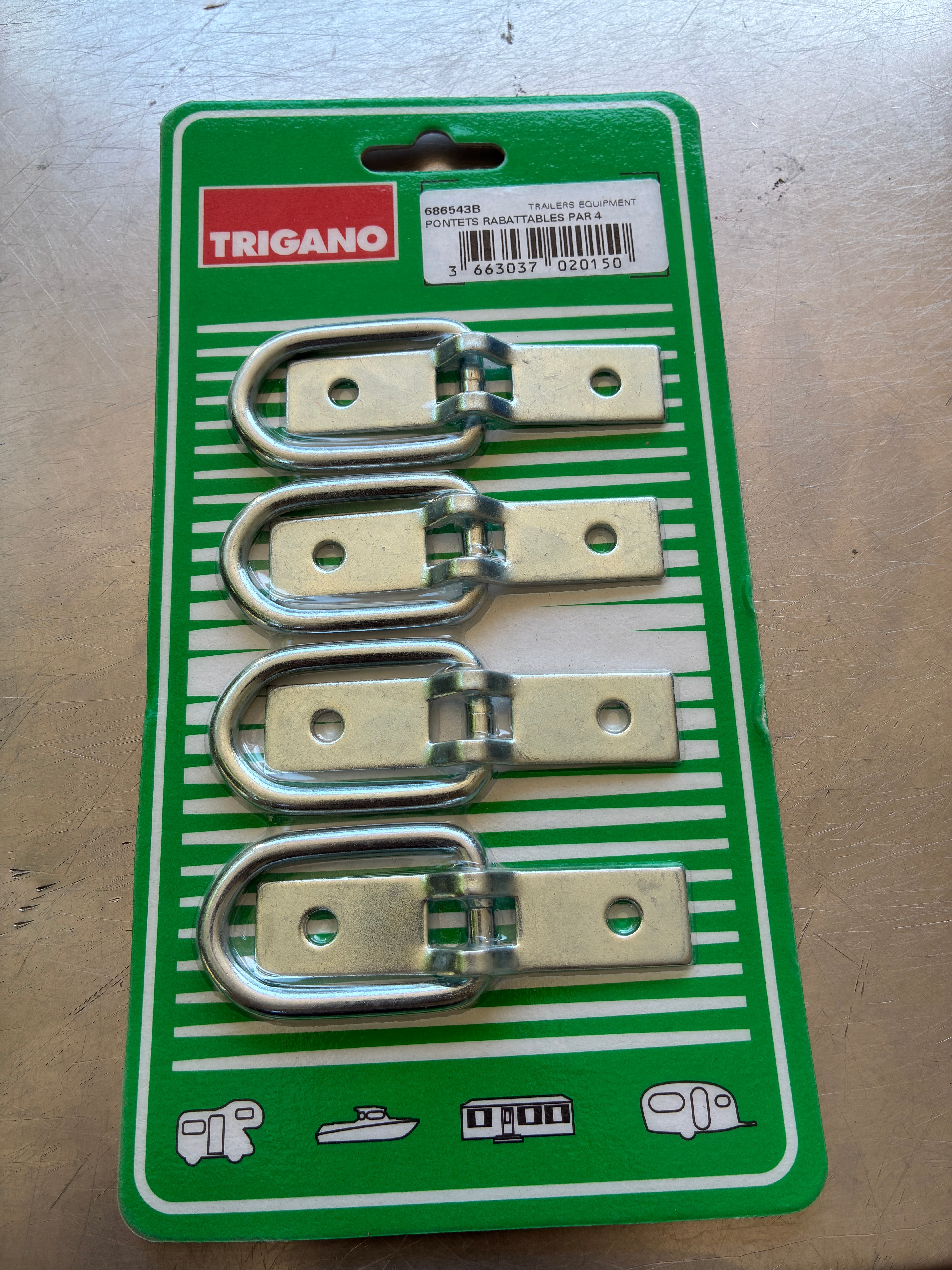 Blister 4 anneaux pontet TRIGANO rabattable remorque – Acier zingué – Neuf