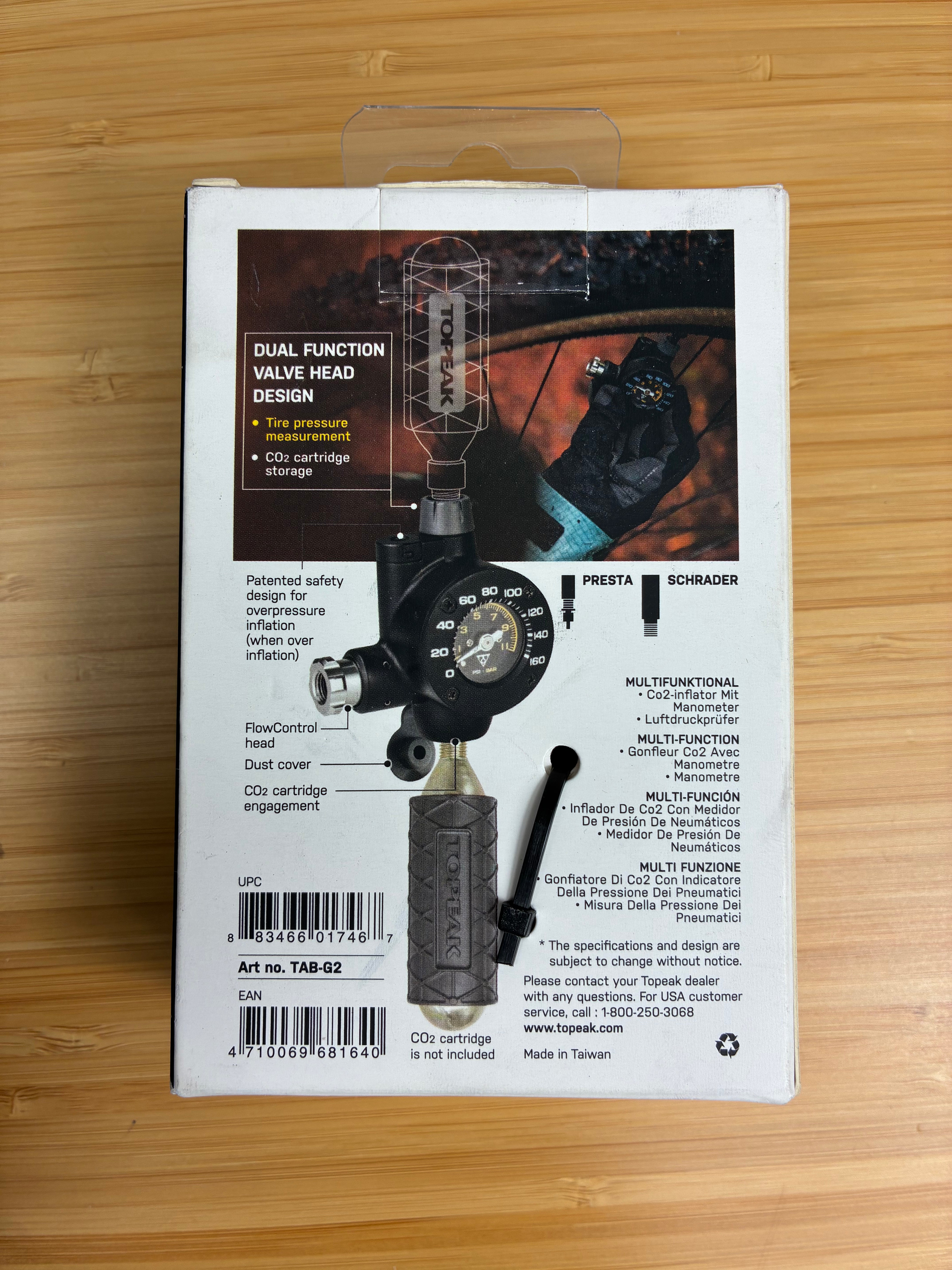 Gonfleur CO2 TOPEAK AirBooster G2 avec manomètre Presta Schrader – NEUF