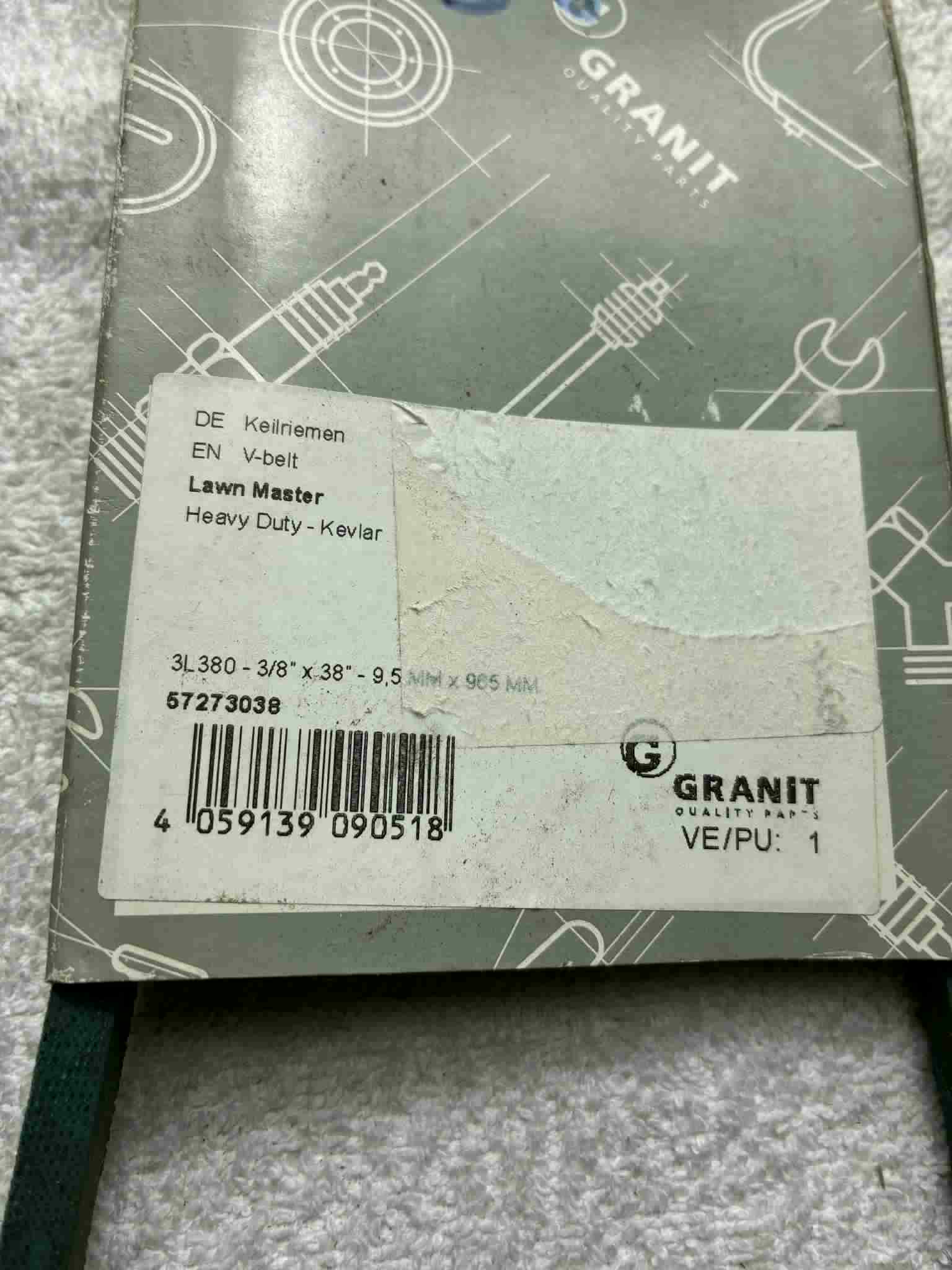 Courroie Granit 3L380 Kevlar 3/8 x 38” 9,5 x 965 mm Lawn Master neuve