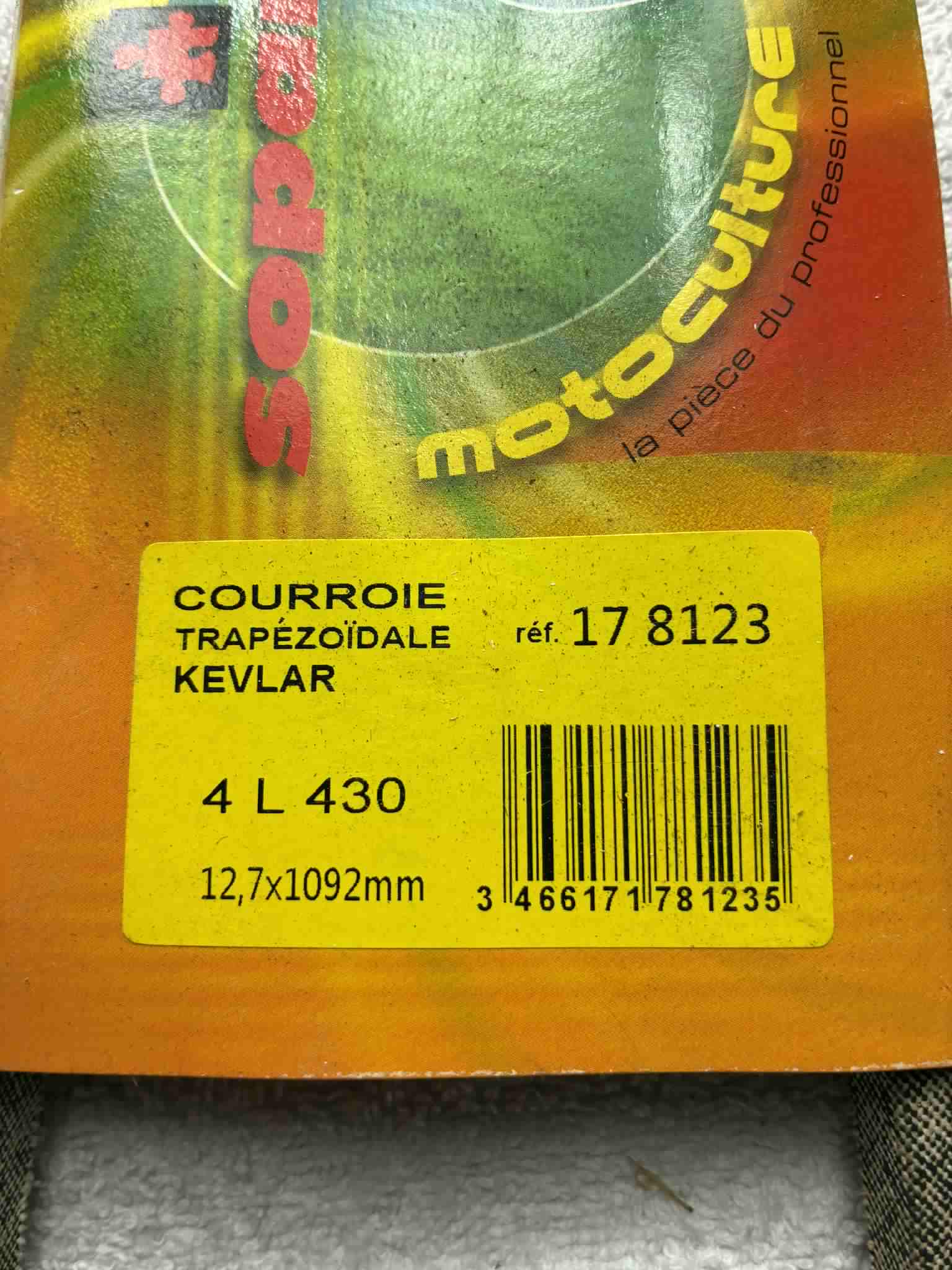 Courroie Sopartex 4L430 Kevlar 12,7 x 1092 mm tondeuse motoculture Réf 17 8123