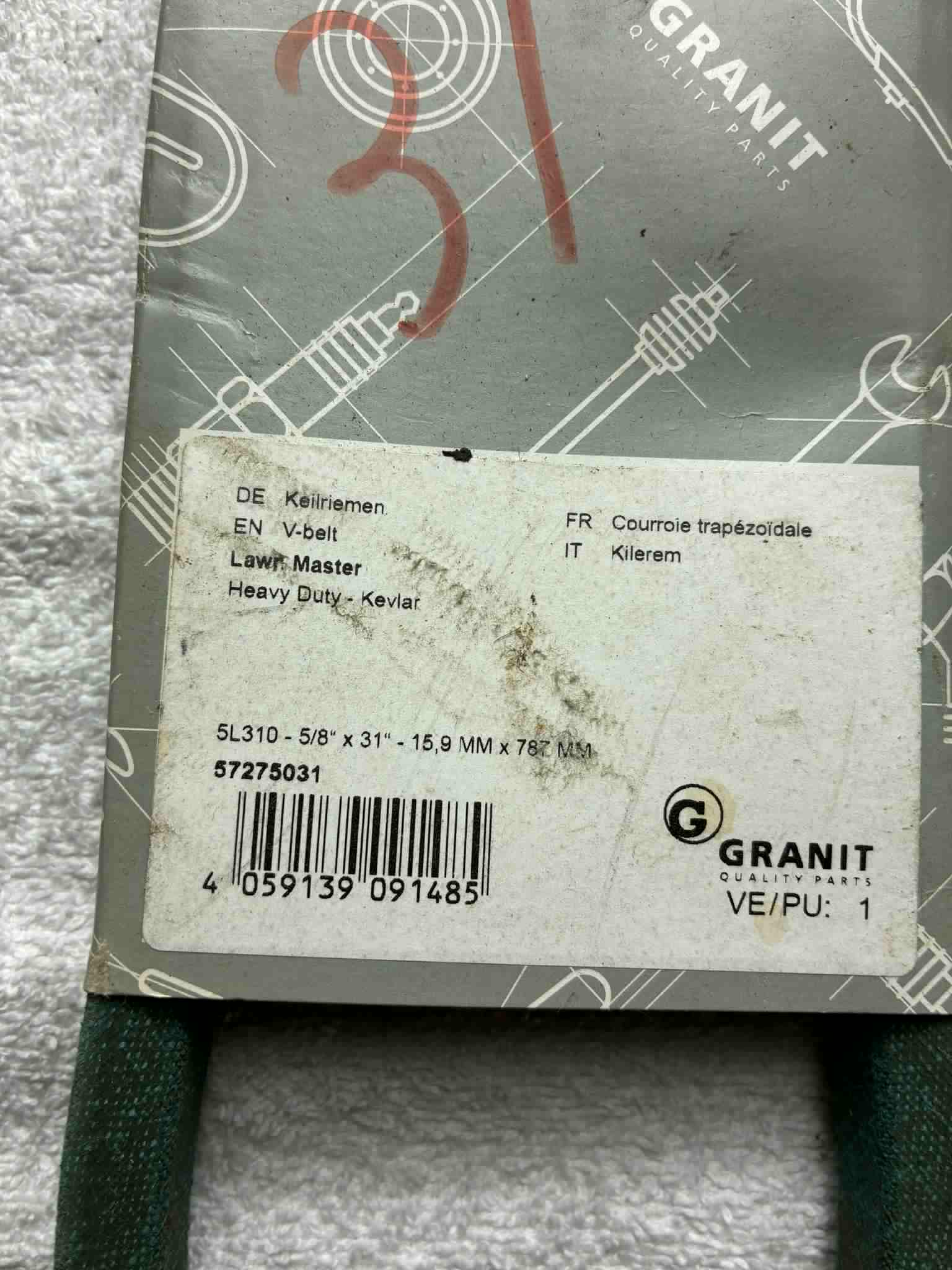 Courroie Granit 5L310 Kevlar 5/8 x 31” 15,9 x 787 mm Lawn Master neuve
