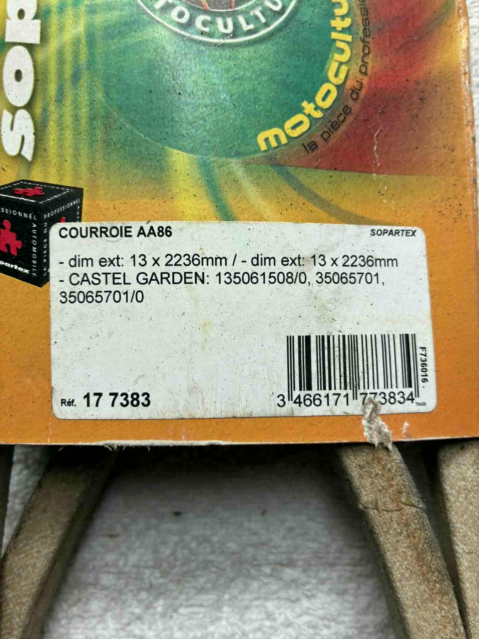 Courroie Sopartex AA86 13 x 2236 mm Castel Garden Réf 17 7383 tondeuse neuve