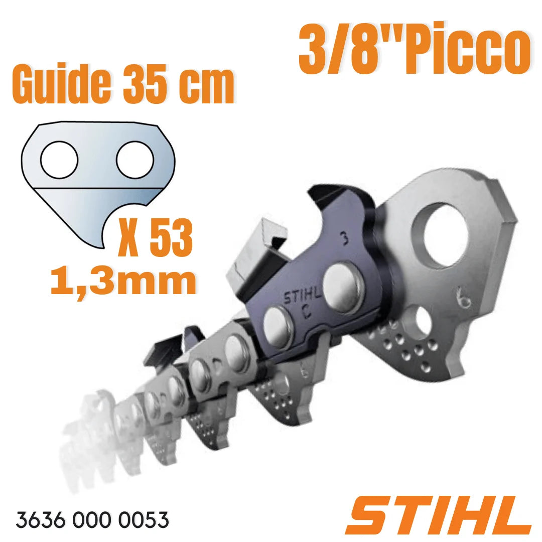 Chaîne Stihl Picco Micro 3 – 3/8" P – 1.3 mm – 53 maillons – Pour guide 35 cm – Neuf