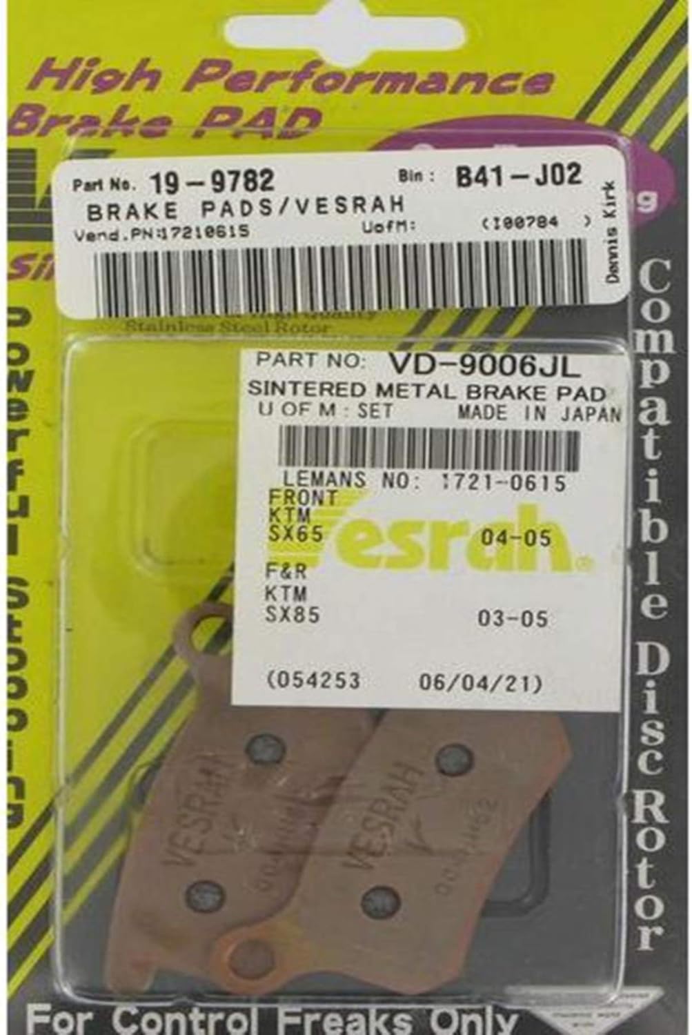 Plaquettes de frein Vesrah VD-9006JL métal fritté KTM – Réf VD-9006JL