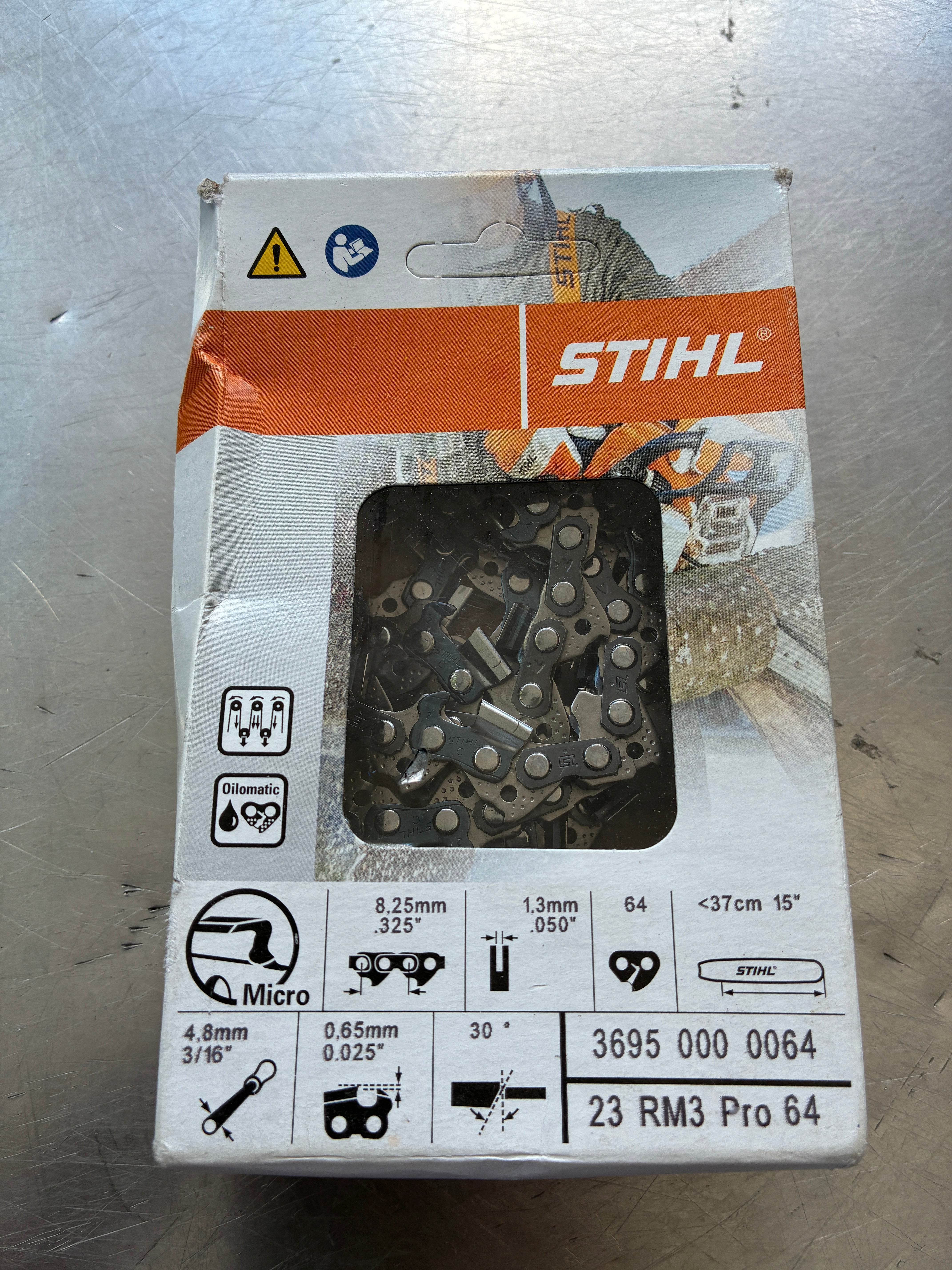 Chaîne Stihl demi-ronde .325" – 1.3 mm – 64 maillons – Guide 37 cm – Réf. 3695-000-0064