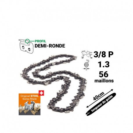 Chaîne Stihl 3/8 P 1.3 mm – 56 maillons – Pour guide 40 cm – Neuf