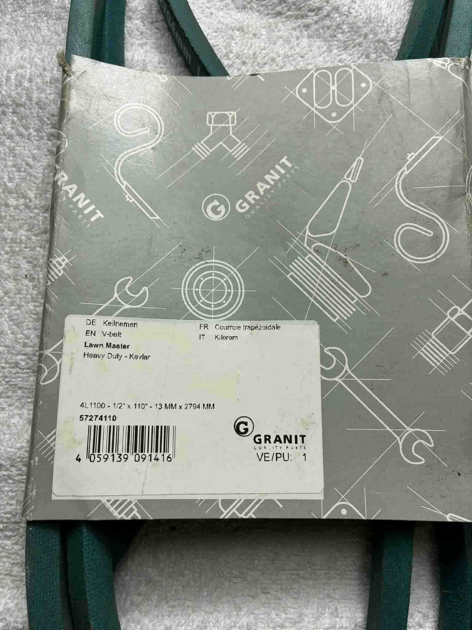 Courroie trapézoïdale Granit 4L1100 Kevlar 13mm x 2794mm Lawn Master neuve