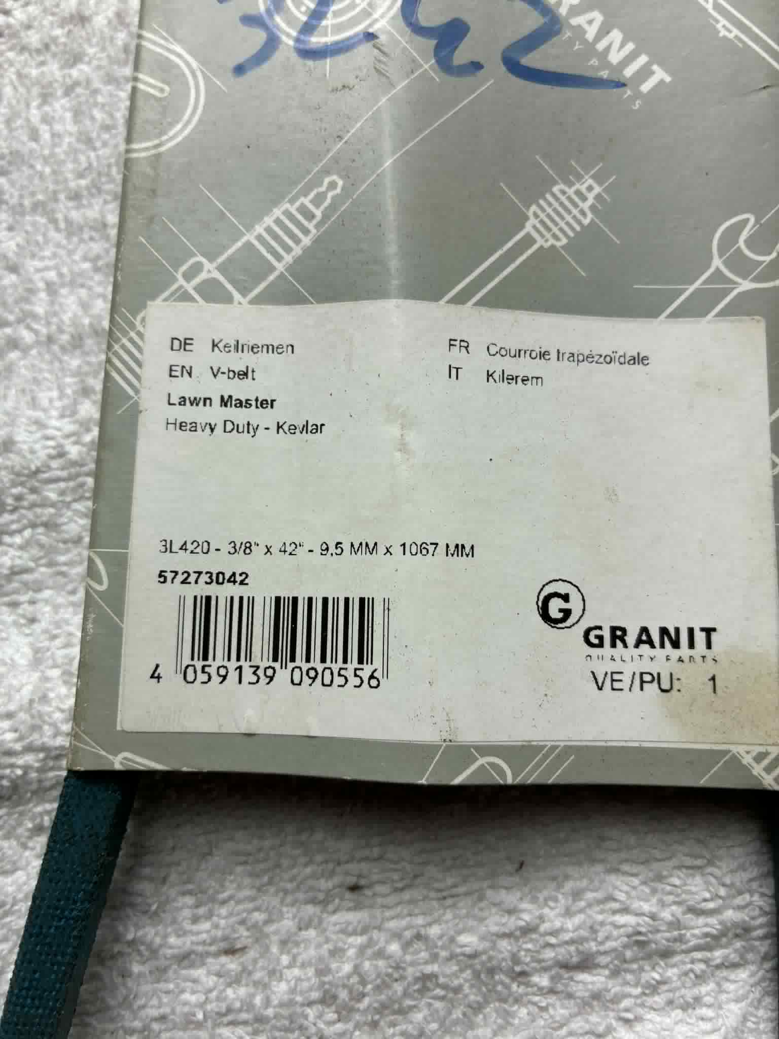 Courroie Granit 3L420 Kevlar 3/8 x 42” 9,5 x 1067 mm Lawn Master neuve
