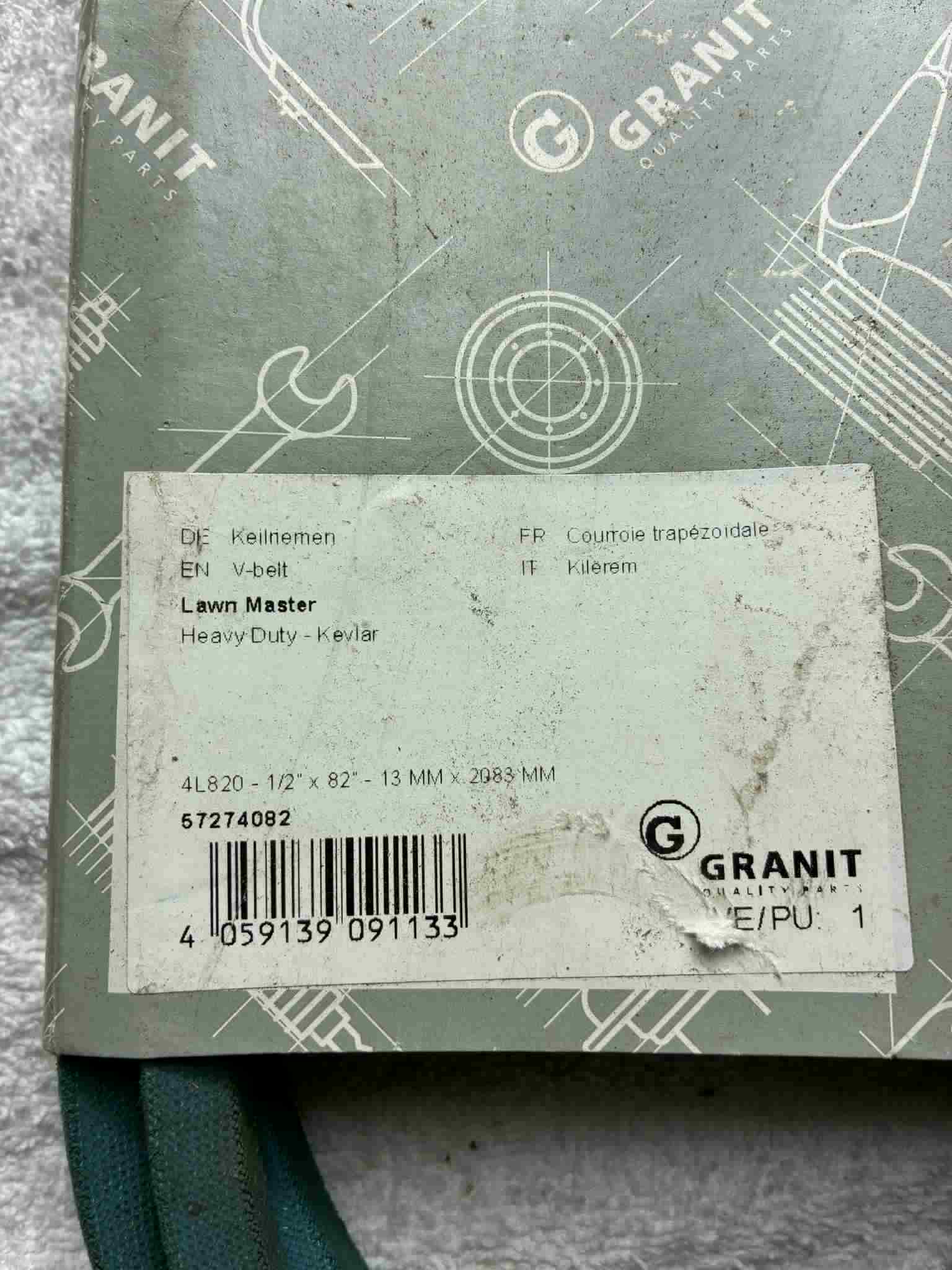 Courroie Granit 4L820 Kevlar 1/2 x 82” 13 x 2083 mm Lawn Master neuve