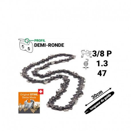 Chaîne Stihl demi-ronde 3/8P – 1.3 mm – 47 maillons – Guide 30 cm – Réf. 3636-000-0047